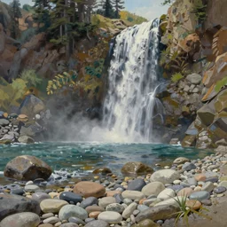 pebble beach waterfall, a rocky beach, extremely detailed oil painting, unreal 5 render, rhads, sargent and leyendecker, savrasov levitan polenov, bruce pennington, studio ghibli, tim hildebrandt, digital art, landscape painting, octane render, beautiful composition, trending on artstation, award winning photograph, masterpiece