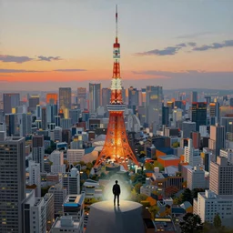 lone wanderer in a highly detailed surreal cinematic tokyo, psychedelic, amazing, by feng zhu, wayne barlowe, perfect geometry, hdr, 4 k, hyper - detailed, sharp, beautiful, desaturated, beautiful lighting, oil on canvas, sunset