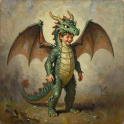 tonalism flowing, cosy by akos major, by margaret modlin. a painting of a young boy disguised as a dragon. the boy is shown wearing a costume with dragon - like features, including a long tail, wings, & horns. he has a large grin on his face, suggesting that he is enjoying his disguise.