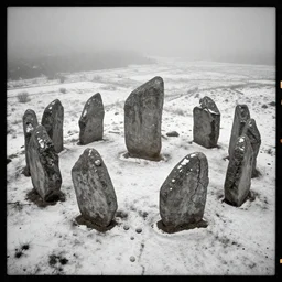 a pin - hole photograph of neolithic standing stones, by joel peter witkin, 1 8 0 0 s vintage, camera obscura, aerial view, grainy, snow, highly detailed, gloomy and foggy atmosphere, octane render, bleach bypass, cinematic lighting, photographic emulsion cracked and peeling, tri - x, 8 k, hd