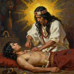 a beautiful painting of an incan priest doing a healing ritual for a sick person, matte painting, by christophe vacher
