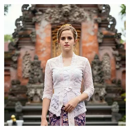 emma watson, wearing kebaya bali, in bali. temple background. front view. instagram, holiday photo shoot, award winning photography, 8 5 mm