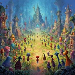 A panoramic 360 photo of gameplay from a videogame painted by James Gurney. Within a fantasy city populated by strange citizens. Matte painting. Fantastic incredible intriguing mysterious engaging impressive masterpiece lighting. Colorful environment, rule of thirds, symmetrical balance, depth layering, polarizing filter, Sense of Depth, AI enhanced