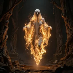 portrait of a ghost burning, floating in the darkness space, ancient wood environment, Cinematic lighting, insanely detailed, trending on artstation, golden ratio, concept art by Agesandro de Rodas & Emil Melmoth