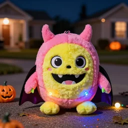 a vampire kraken plush trick or treating on halloween, by the sanrio company, real, photography, halloween decorations, suburbs, pink, yellow, black, ground level shot, macro camera, focused, night, colorful led lights, chromatic aberration