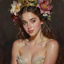 expressive oil painting, of young emilia clarke, seductive look, smirk, glistening body, love, sweat, ornate headpiece made flowers, glamour shot, by yoshitaka amano, by greg rutkowski, by jeremyg lipkinng, by artgerm, digital art, octane render,