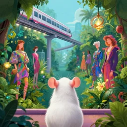 a vibrant dream of a white rat from behind looking through a museum of the world's best digital art, lush plants, monorail, glowing lights, high fashion, magic details, by moebius, edward hopper, james gilleard, and james jean, hd, 8 k, trending on artstation, uhd,
