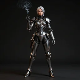 a Victorian warrior, smoking body, like lady mechanika, on a black background