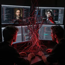 photo of creative coder trapped in the wires from the monitor part by hopper, part by rodcenko, part by hofbauer, intricate composition, black by caravaggio, insanely quality, highly detailed, masterpiece, red light, artstation