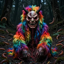 a portrait of a beautiful colorful ( flesh - eating ) yamazaku wearing a terrifying mask and covered in rainbow fur, the ground is covered in maggots, seen from a fractal kaleidoscope, schizophrenic hallucination, fear, morbid, nightmare, supernatural, 8 k, hd photography, highly detailed, chiaroscuro, terrifying
