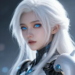 detailed portrait of perfect white haired girl, android, warframe armor, beautiful, pretty face, blue cyborg eyes, innocent, scifi, 4 k, sun yunjoo, ultra realistic, aura of light, cinematic lighting, interesting angle, highly detailed, sharp focus, artstation, masterpiece, art by hyungjin yang