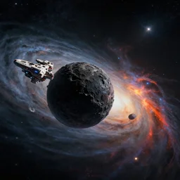 futuristic spaceship escaping event horizon of black hole, dystopian sci - fi, by rossdraws, by albert bierstadt, sci - fi, distant twinkling stars, nebula, supernova, exploding galaxy, micro detail, octane render, physically based rendering, insane details, photorealism, 8 k, cgsociety