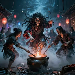 中 国 鬼 节, the war of the dead, the evil spirits struggling in the tumbling oil pot, psychedelic lights and fog, zdzislaw, ayami kojima, yamamoto, barclay shaw, karol bak, hyperrealist, 8 k