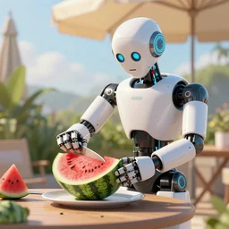 a robot cutting watermelon under a sun umbrella on a summer day, sharp focus, trending on artstation, digital art, cinematic lighting, unreal engine 5