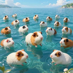 hyper realistic cute guineapigs everywhere is swimming under vast sea, by simon stalenhag, frank frazetta, greg rutkowski, beeple, yoko taro, christian macnevin, wlop and krenz cushart, epic fantasy character art, volumetric outdoor lighting, midday, high fantasy, cgsociety, cheerful colours, full length, exquisite detail, post - processing, masterpiece, cinematic