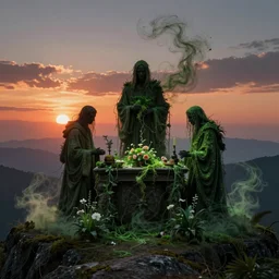 highly detailed three robed figures around an altar with flowers and plants, green spilling, on a mountain overlooking the vast and beautiful sunset, swirling magic dust, hyper ultra realistic, octane render, eerie, dark, cinematic, hypermaximalistic, style by greg rutkowski, rule of thirds, golden ratio, ambient lighting