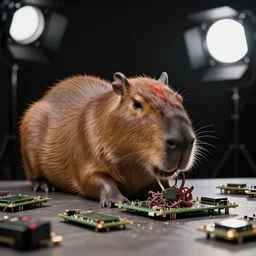 capybara munching on gpus, studio lighting, professu photograph, taken by sony a 7 r, 4 k, depth of field, bokeh
