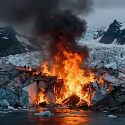 alaskan glacier on fire, dim volumetric lighting, 8 k octane beautifully detailed render, post - processing, extremely hyper - detailed, intricate, epic composition, cinematic lighting, masterpiece, trending on artstation, detailed detailed detailed, masterpiece, stunning art by anders zorn, wonderful masterpiece by greg rutkowski, beautiful cinematic light