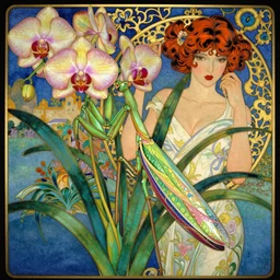 majestic colorful orchid mantis cloisonne enamel by leon bakst and yoshitaka amano, cloisonne, beautiful hyperdetailed art nouveau orchids, james jean, amanda sage