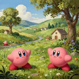 detailed digital oil painting by hieronymus bosch of a pastoral scene from kirby star allies