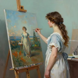 digital painting of one neoclassically dressed lady in art studio, looking at a big painting on a wall, soft teal and orange colored wall, beautiful volumetric lighting, digital painting, artherapy,  artstation