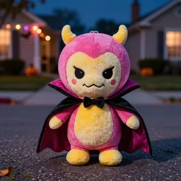 vampire cthulu plush trick or treating on halloween, by the sanrio company, real, photography, halloween decorations, suburbs, pink, yellow, black, ground level shot, macro camera, focused, night, colorful led lights