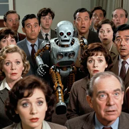 A scary robot is running after a bunch of scared adults , in the style of 1960s, with fully detailed faces,  fully detailed , faces in focus ,4k ,HD
