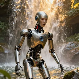film still from the movie Ghost in The Machine, terrified android under a waterfall, beautiful, golden hour, sharp focus, ultra detailed, cgsociety,