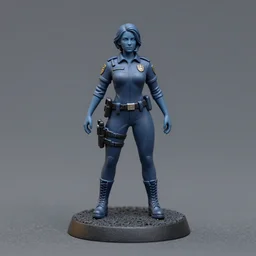 80mm resin detailed miniature of a female cop, full body, head, boots, Logo, textured base; Product Introduction Photos, 4K, view from front