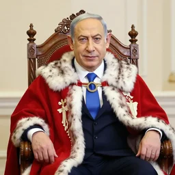 portrait of Benjamin Netanyahu sitting on an ornate throne wearing a red furred cape and a crown grasping a royal ornate rod, vivid rich colors, ambient lighting, dynamic lighting, official media, HQ, detailed
