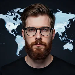 portrait of handsome bearded brown-haired man with glasses, glitched world, dark