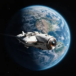 exploration spaceship flying over an earth-like planet in deep space, cinematic perspective, cinematic lighting, Syd Mead