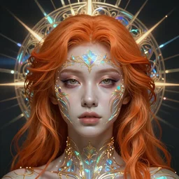 a symmetrical portrait of a beautiful orange - haired woman face, concept art, intricate, aesthetic!!!!!, holographic design, god rays, symbolist, dramatic, ultra detailed