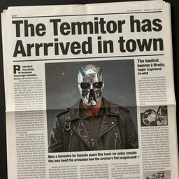 the ancient newspaper says, that the terminator has arrived in town, shows a picture of him in the headlines