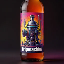 product photo of a beer bottle, beer is called tripmachine, realistic digital art, label on the bottle is printed with a 3 d render of a huge futuristic steampunk generator, 8 k, fluorescent colors, halluzinogenic, multicolored, exaggerated detailed, unreal engine