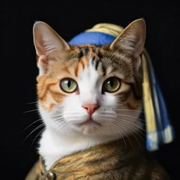 close up portrait of one calico cat by vermeer and raphael. black background, three - point lighting, enchanting, realistic features, realistic proportions, centered, symmetrical.