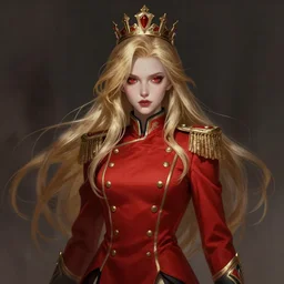 a highly detailed illustration of beautiful long dirty blonde haired pale girl wearing red epaulette uniform, wearing crown, red eyes, dramatic seductive pose, intricate, elegant, highly detailed, centered, digital painting, artstation, concept art, smooth, sharp focus, league of legends concept art, WLOP