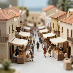 a miniature model a busy medieval Mediterranean street market 35mm