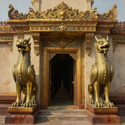 beautiful painting of a temple, symmetrical brass griffon statues, entrance, paper texture, detailed, ornate, art deco, golden hour, rust, metal rivets