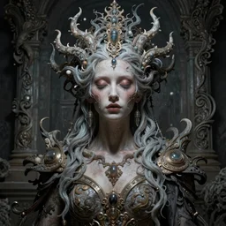 woman Rod futuristic ethereal ornate surreal in the style of Brian Froud, baroque assemblage dramatic light hyper realistic insane detailed