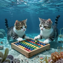 “under water shallow synthwave cats working on abacus”