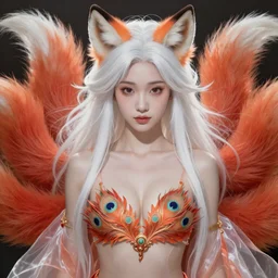 prompt A beautiful portrait of a white red orange kumiho, asian face, translucent silky dress, a bra in the shape of peacock feathers, close up front view, long clumpy hair in the shape of fox tail, backlit, concept art, matte painting, by Peter Mohrbacher
