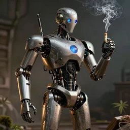mech robot smoking a cannabis joint, propaganda