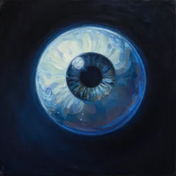 A portrait of a monster that has a big eye ball instead of a head, dark, blue light, black gradient background, oil painting