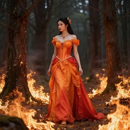 the queen of fire wearing an orange and red beautiful dress walking on a burning forest, beautiful angle, aesthetic