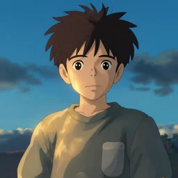 Boy smiling, sad sky, melancholic look, made by Studio Ghibli, Accent lighting, front lit, volumetric lighting, light refraction, pixiv, highly detailed art, beautiful scene, sharp focus, smooth, 8k, artgerm