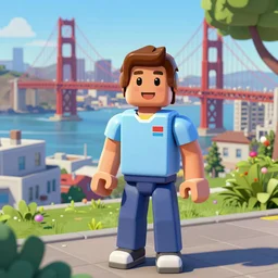 a beautiful complex painting of a roblox character standing in san francisco the background is the city of san francisco
