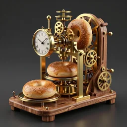 a complex machine that makes bagels, detailed 3 d render, brass and wood mechanisms, clockwork machines, elaborate rube goldberg style, volumetric lighting, realistic, dramatic