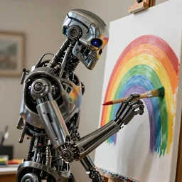 hyperrealistic and detailed photo of a terminator robot holding a brush and painting a picture of a rainbow on a canvas
