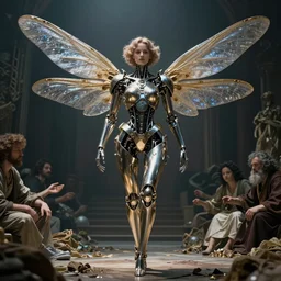 still frame from Prometheus movie by Makoto Aida by malczewski, biomechanical dragonfly angel gynoid, metal couture by neri oxmn and Guo pei, editorial by Malczewski and by Caravaggio